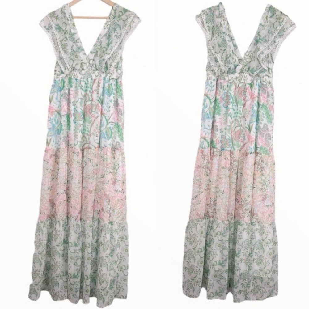 House of Harlow 1960 X Revolve Floral Tiered Flutter Lace Maxi Dress Size Small - Picture 2 of 14